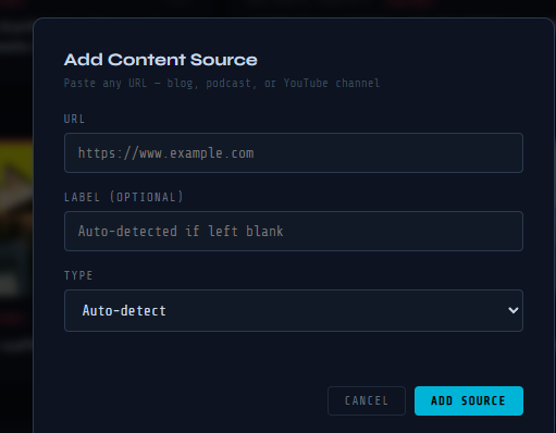 HamShackFeed Add Content Source modal showing URL field, optional label field, and auto-detect type dropdown