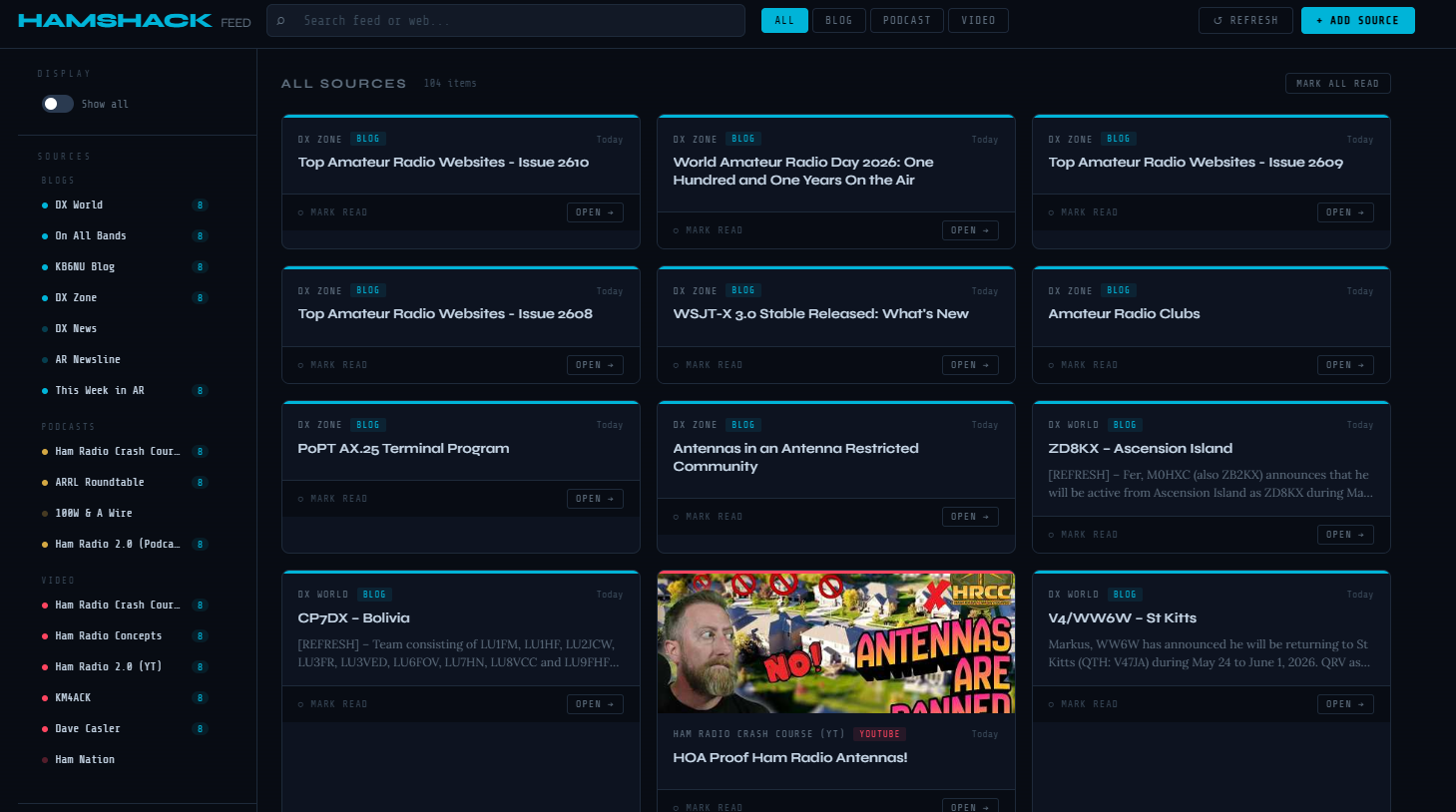 HamShackFeed dashboard showing ham radio blog, podcast, and YouTube content cards in a three-column layout with source sidebar and filter buttons