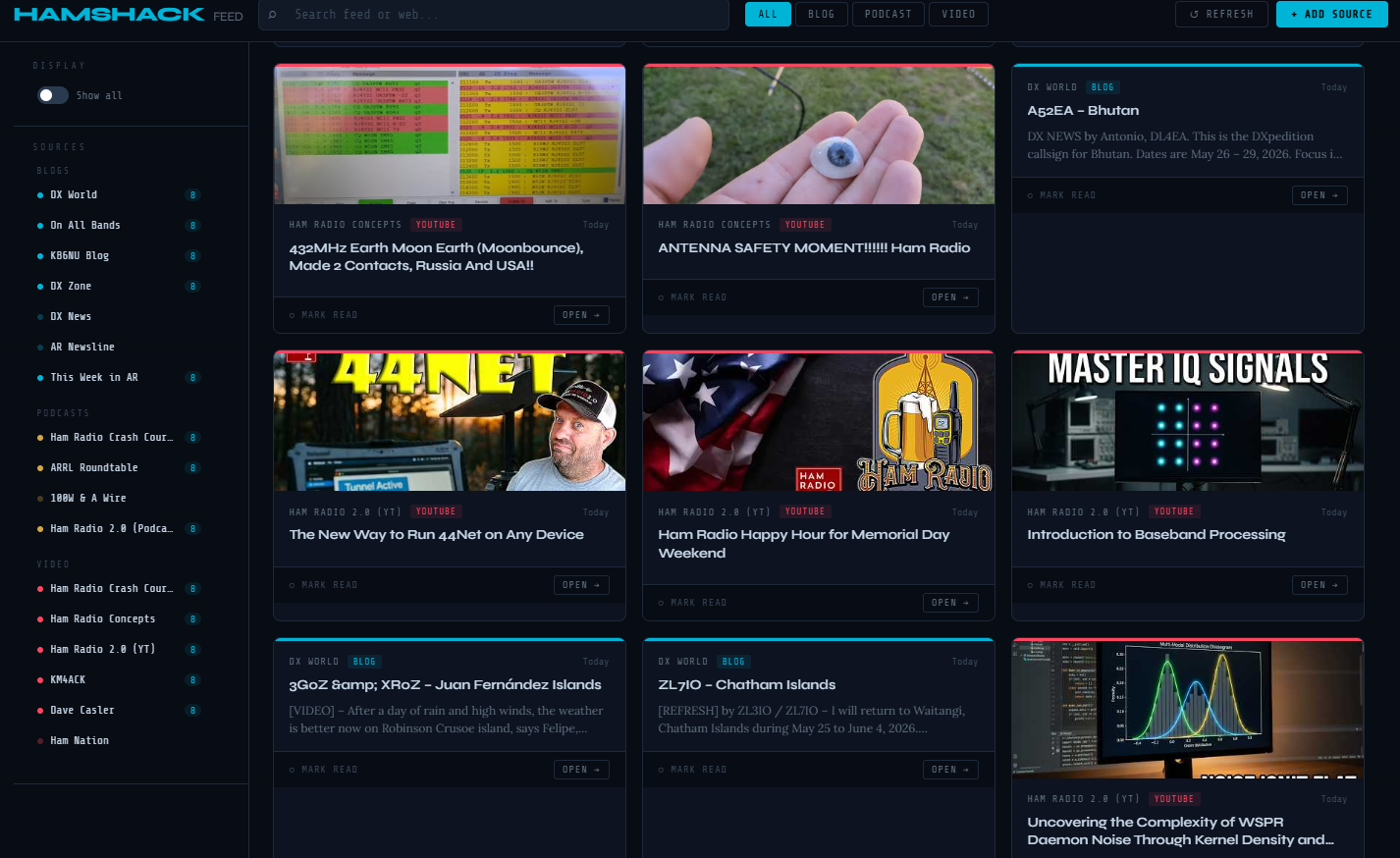 HamShackFeed showing YouTube video thumbnail cards from Ham Radio Concepts and Ham Radio 2.0 alongside DX World blog cards for active DX expeditions