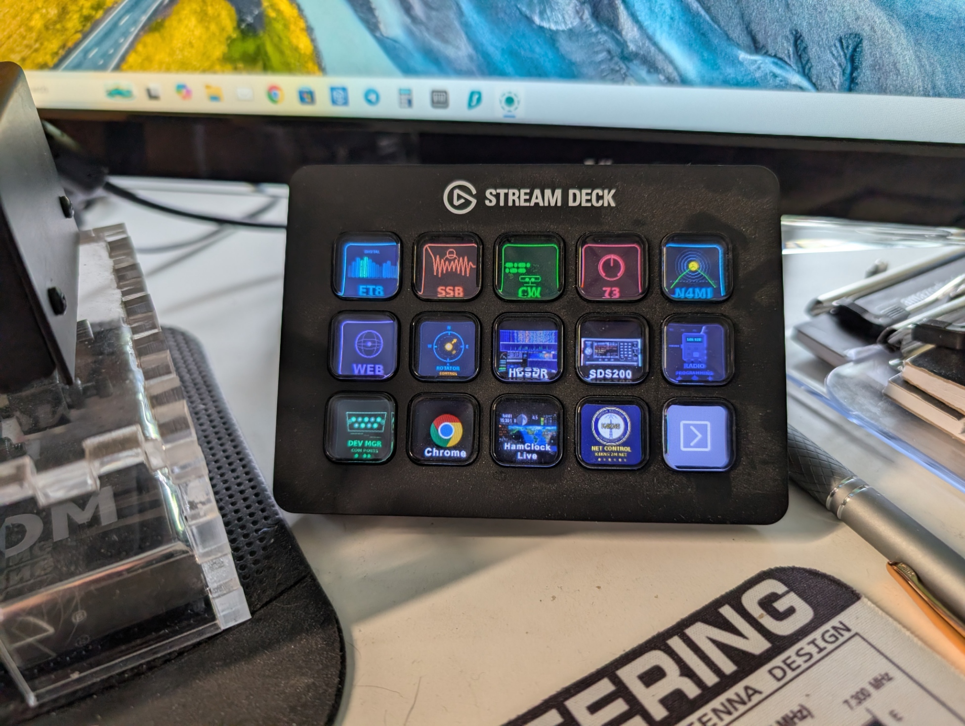 Elgato Stream Deck sitting on the operating desk at N4MI, showing custom ham radio mode buttons