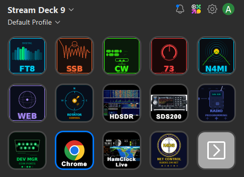 Stream Deck software showing custom ham radio button layout for N4MI including FT8, SSB, CW, rotator control, and dashboard buttons
