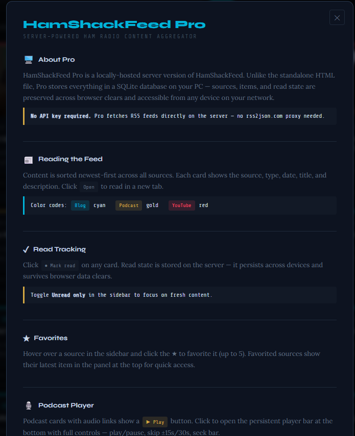 HamShackFeed Pro help modal showing the About Pro section with a callout stating No API key required — Pro fetches RSS feeds directly on the server with no rss2json.com proxy needed